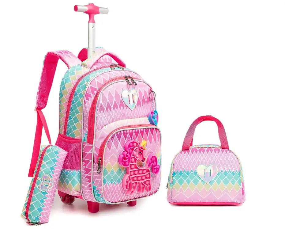 Sac à dos scolaire à roulettes pour enfants, ensemble de sac à dos à roulettes pour garçons et filles, sac à lunch pour enfants, sacs à stylos, 16 po