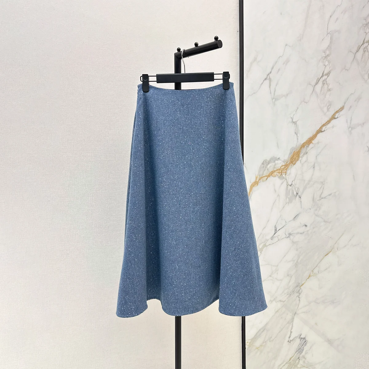 2026 High quality women's blue mixed color tweed A-line mid length skirt--hb810
