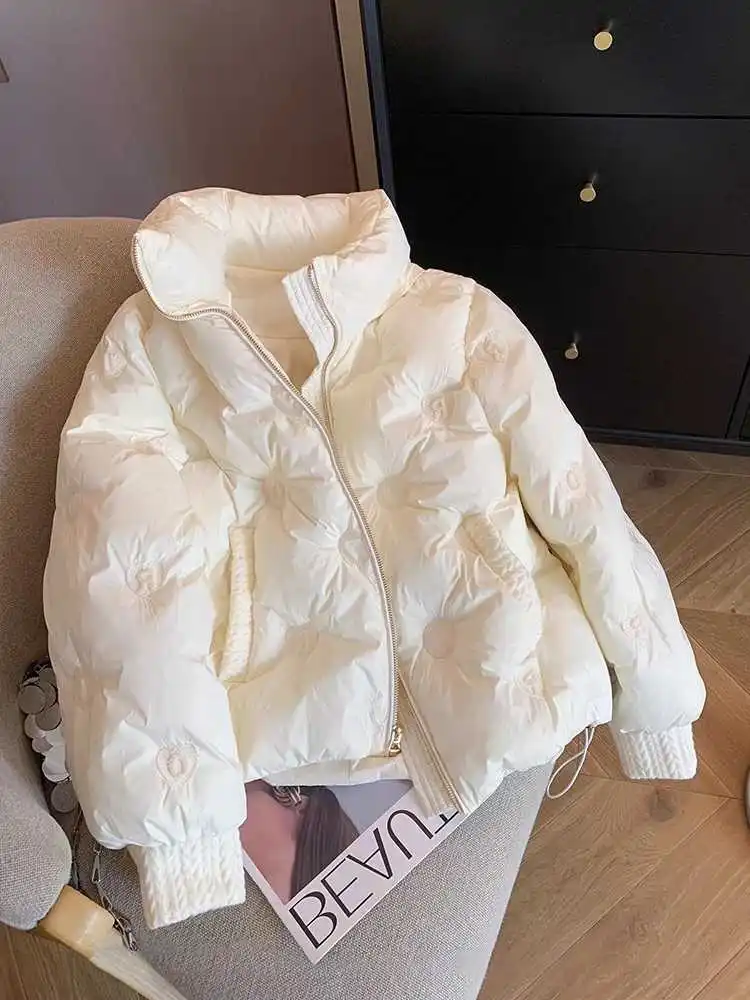 Autunno inverno bianco colletto alla coreana cappotto di cotone Design moda donna senso versatili cappotti corti giacche larghe addensate