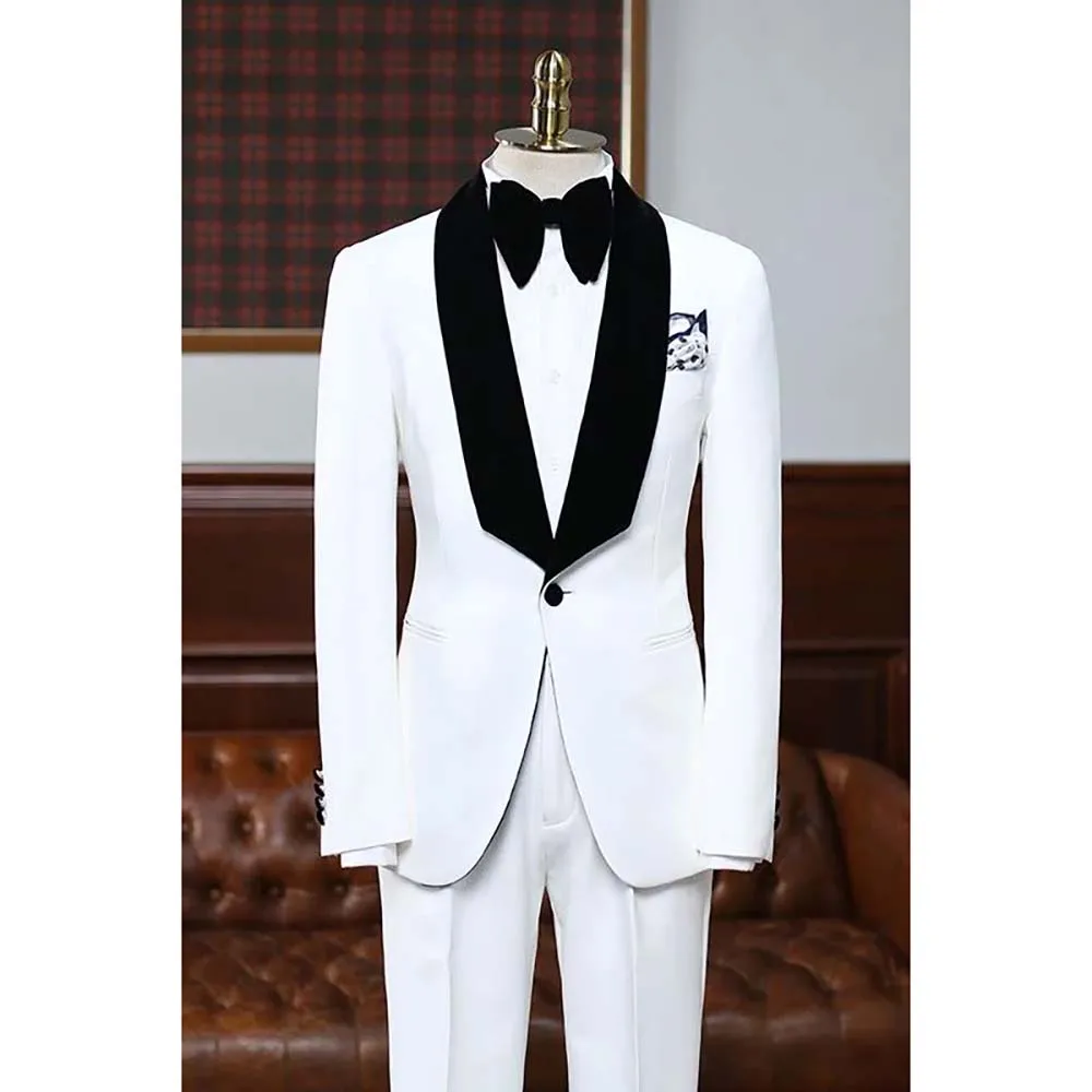 

Elegant One Button White Men Suits Black Shawl Lapel Slim Fit Luxury Wedding Groom Outfits 2 Piece Jacket Pants Costume Homme