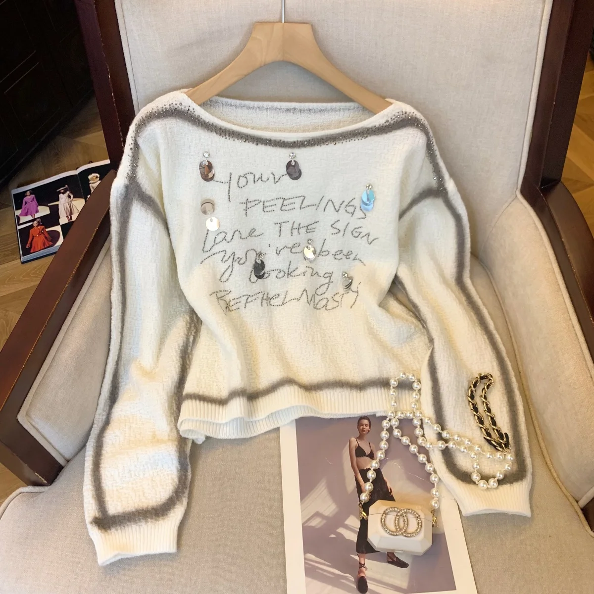 

Women's White Pullover Sweater Vintage 2000s Y2k Jumper Knitwear Long Sleeves O-Neck Sequins Sweater Spring Autumn Clothes 2025