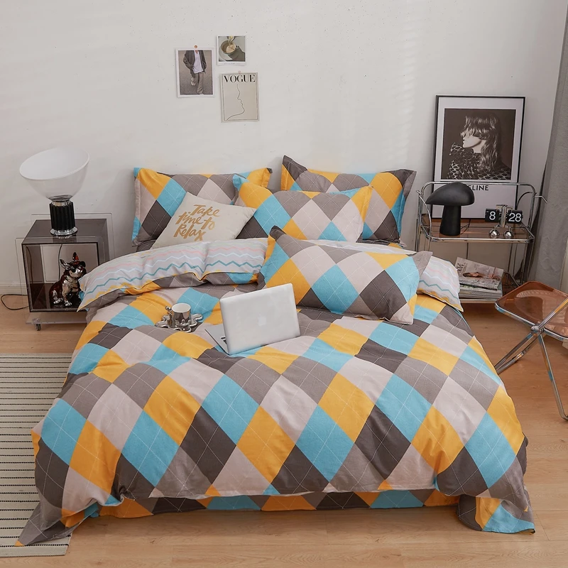 

Simple Geometric Plaid Duvet Cover Set Cotton 3Pcs Zipper Quilt Cover with Pillowcases Bedroom Bedding Skin-friendly Breathable