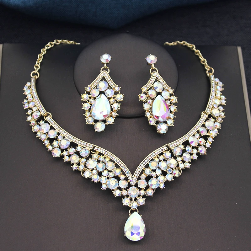 Fahion necklace set for women rhinestone crystal waterdrop choker necklace earrings sets wedding bridal Jewelry set