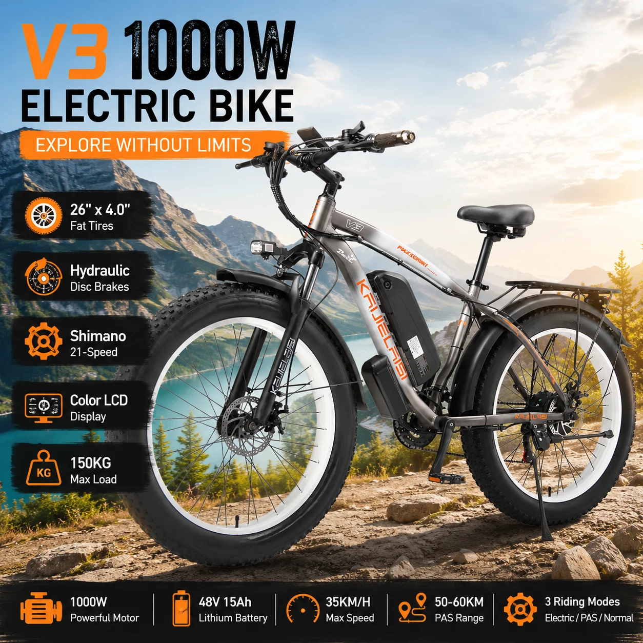 

1000W Electric Bike 48V 15Ah Battery 26”x4.0” Fat Tire E-Bike Shimano 21 Speed Hydraulic Brakes 35km/h Adult Electric Bike