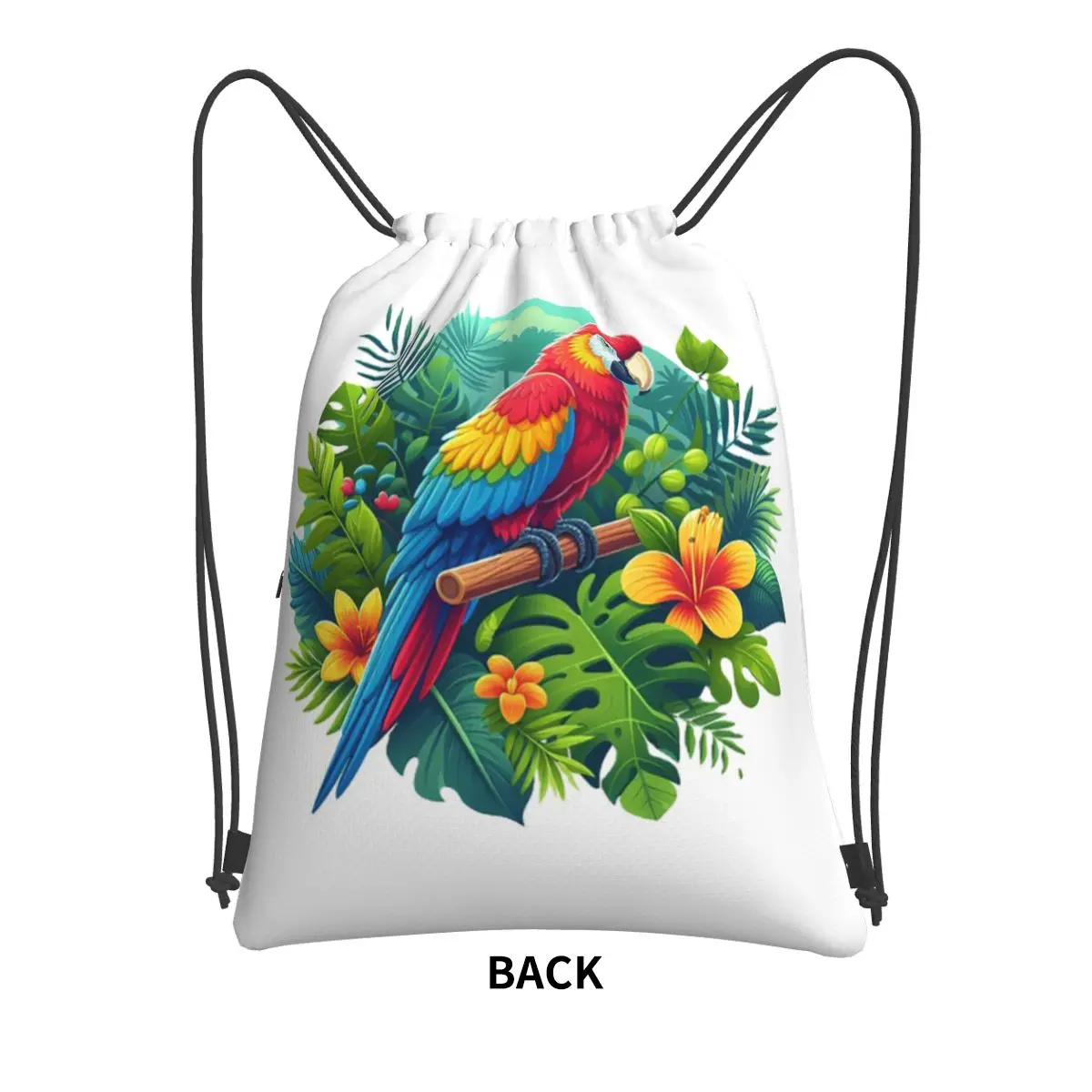 Colorful Tropical Parrot With Flowers Print Backpacks Casual Drawstring Bags Shoes Bag Book Bags for Man Woman Students