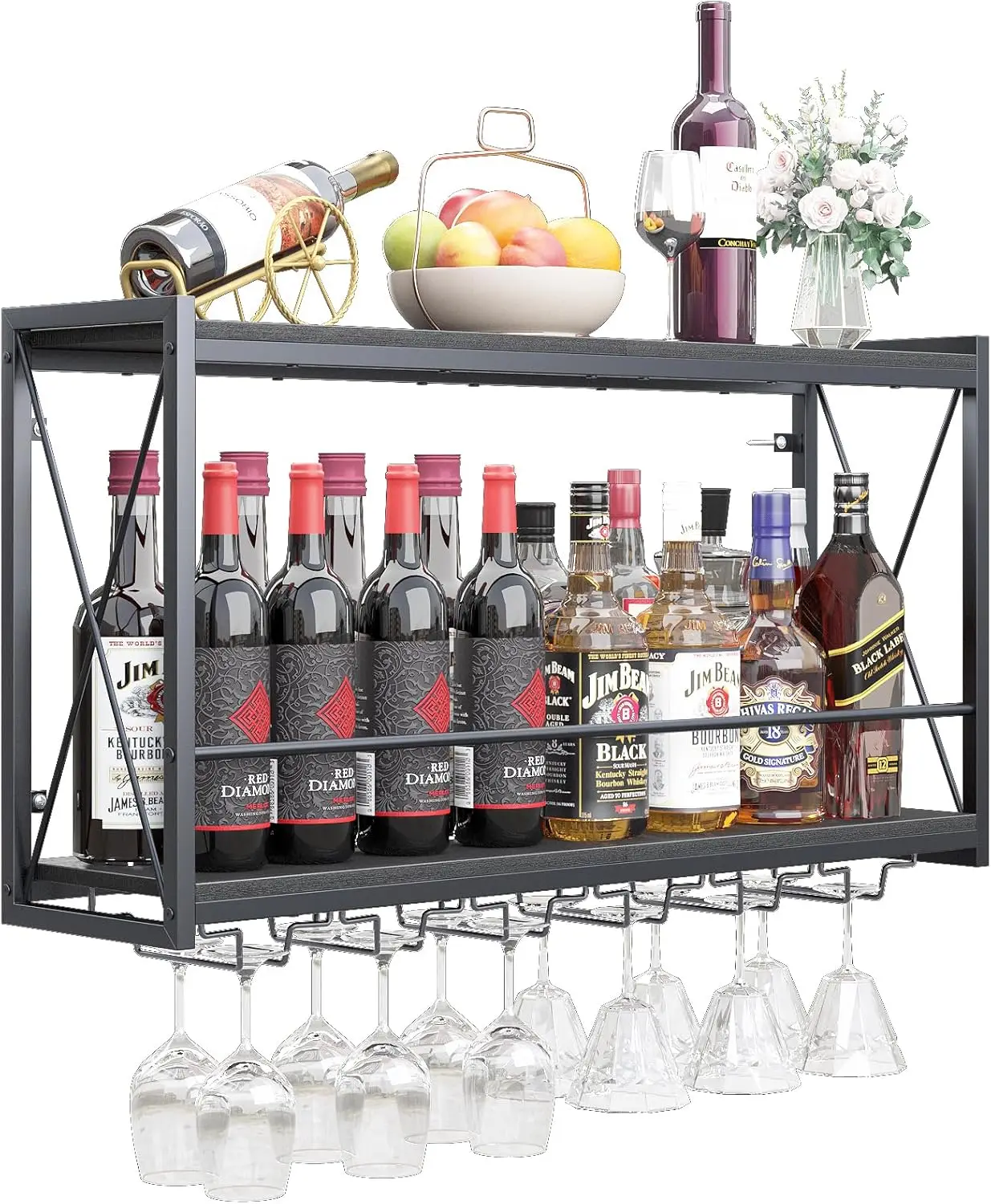 

2-Tier Wall Mounted Wine Rack with Glass Holder - Rustic Wood & Iron Frame for Kitchen, Bar Decor