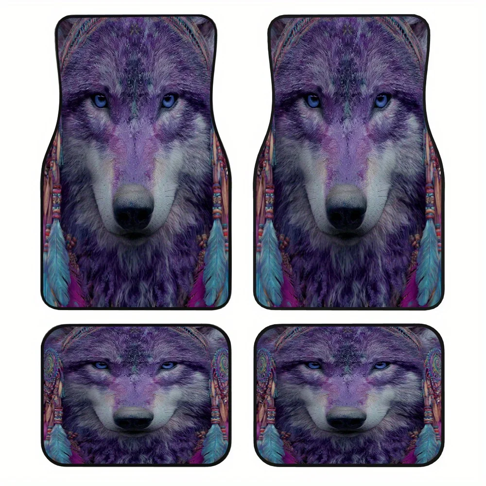 4-Piece Mystery Wolf Tribe Art Car Mat - Bright Purple and Wolf Design, Durable Polyester Materia