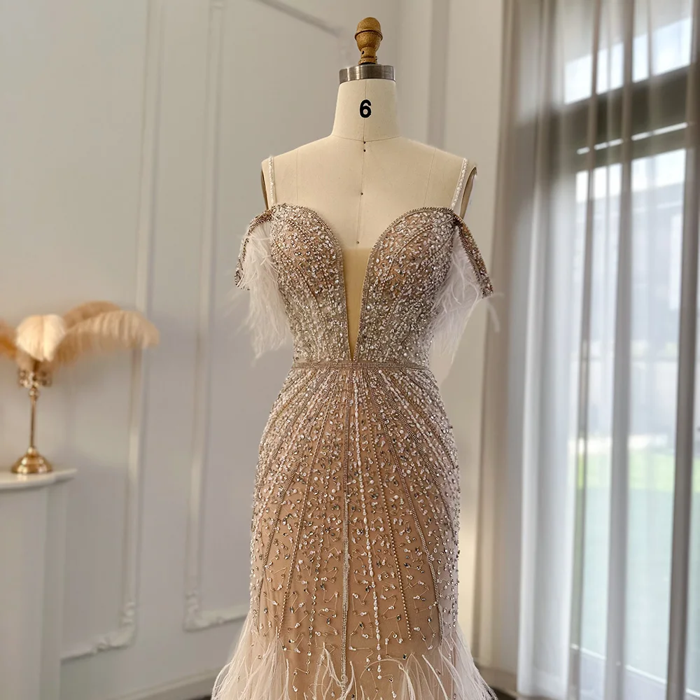 Sharon Said Luxury Feather White Nude Prom Evening Dress Mermaid Navy Blue Wedding Formal Party Gown SS121 Customized