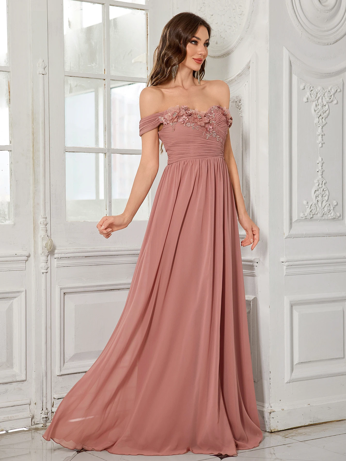 UNITHORSE 우아한 브이넥 민소매 가운, 여성용 주름 장식 스커트와 비즈 장식이 있는 럭셔리 롱 이브닝 드레스, 신부 들러리용