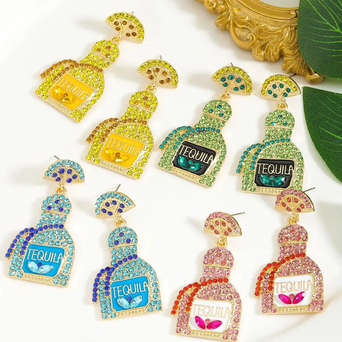 New Rhinestone Enamel Tequila Bottle Earrings Elegant Cute Lemon Slice TEQUILA Letter Party Holiday Women Accessories