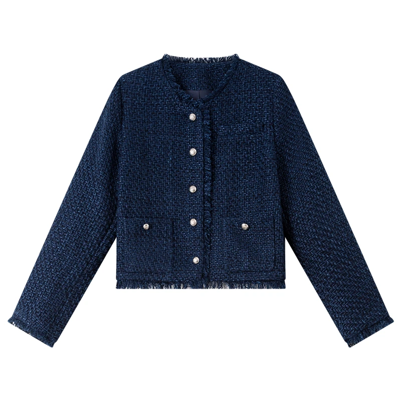 VIMLY Francese Elegante Giacca di Tweed Donna 2025 Autunno Nuovo O-Collo Cappotti Corti Solido Monopetto Tasche Tuta Sportiva Femminile A2632