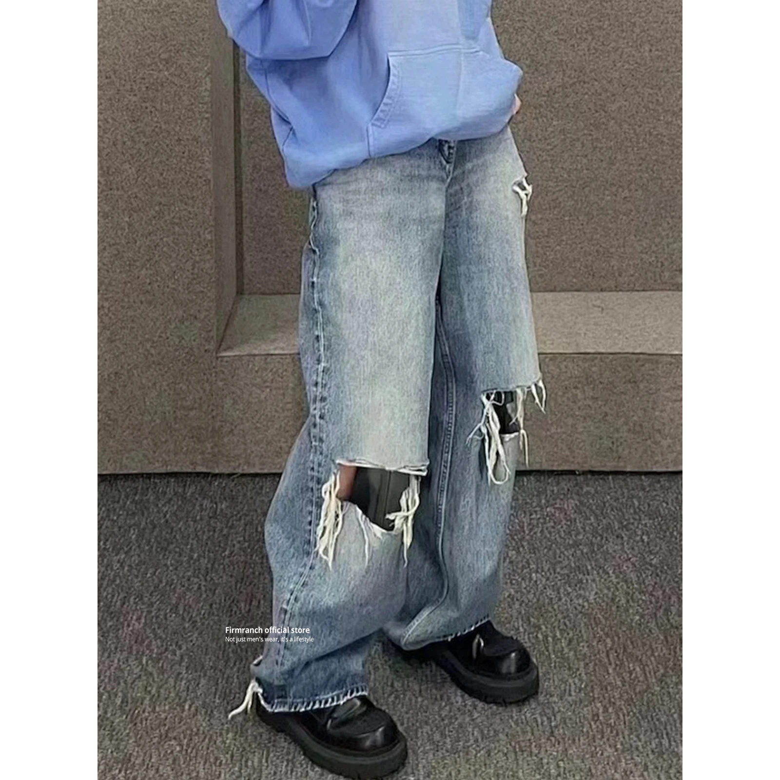 Firmranch 2026 New Baggy Straight Leg Ripped Jeans Vintage High Street Blue Knee Distressed Long Denim Pants For Men Women