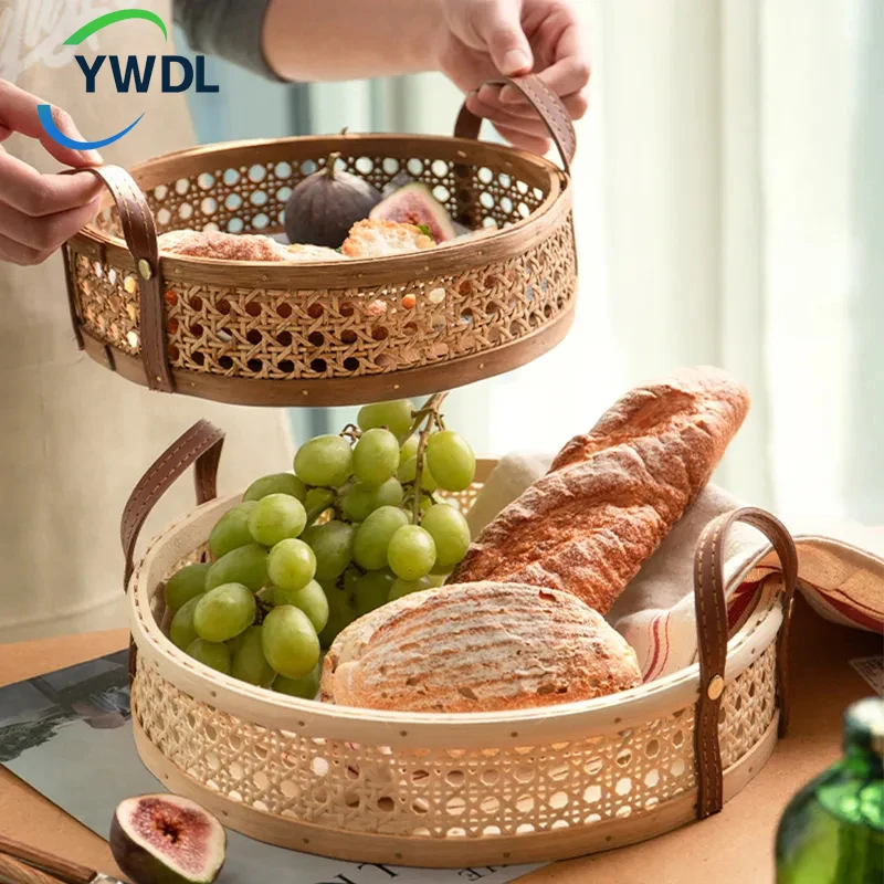 

Hand-woven Rattan Storage Basket Nordic Wicker Trays With Handle For Fruit Bread Sundries Home Desktop Organizer Decoration