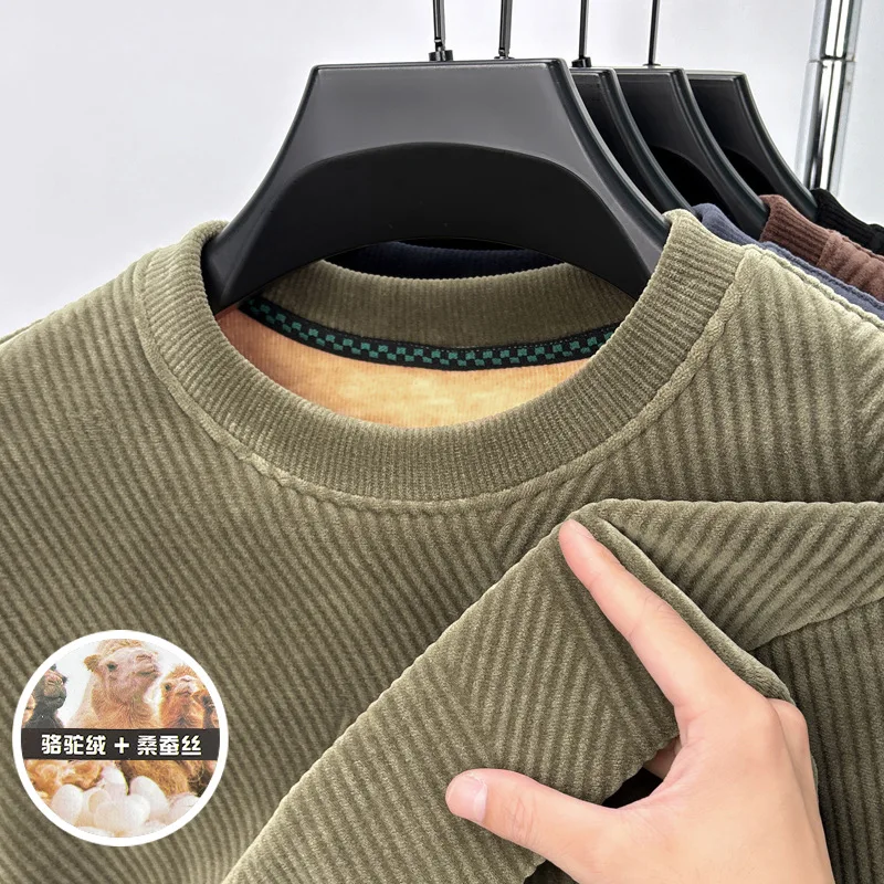 Lamb Velvet Sweatshirt Men's Winter Thick Stripes Fleece Tops Versatile Casual Loose Warm Cold Protection Sweatshirt