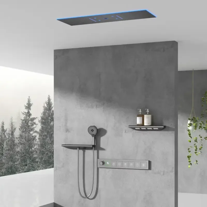Brushed Modern Thermostatic Shower Set Square Rainfall Head Concealed Ceiling-Mounted Brass Wall-Inlet Massage Jet