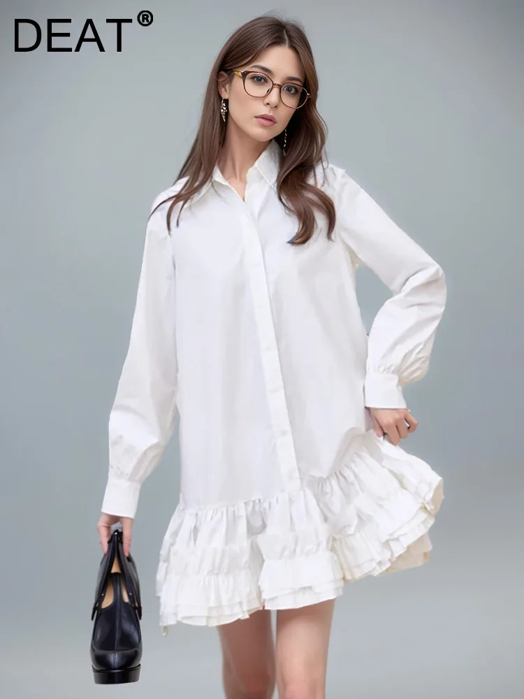 DEAT Fashion Women\'s Shirt Dress Lapel Single Breasted Loose Hem Splicing Lace White Mini Dresses Summer 2024 New Tide CPDB175