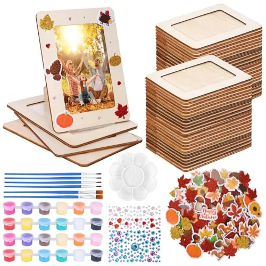 

36 Packs Fall Picture Frame Painting Craft Kit Wooden DIY Photo Frame with 250 Foam Stickers Brushes Set Holiday Art Party Favo