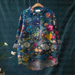 Women's Vintage Patchwork Floral Print Casual Lapel Loose Blouse