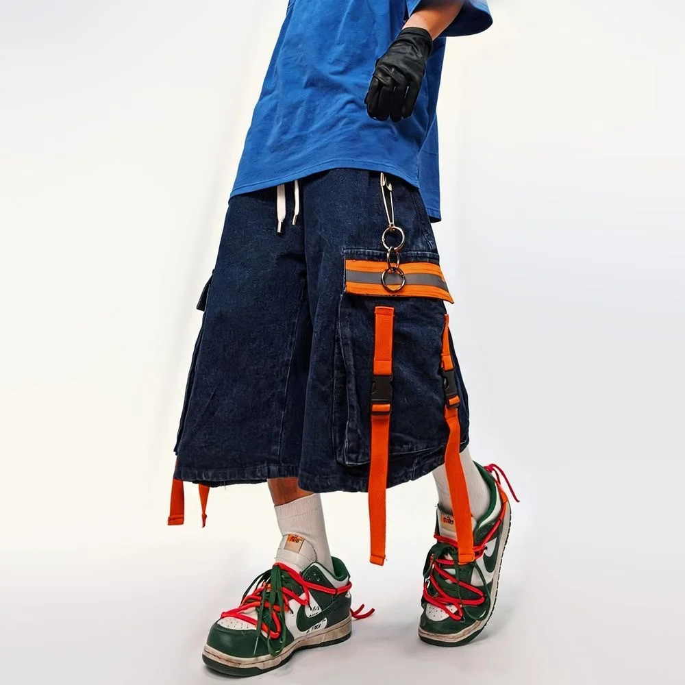 ARENS Multiple Pockets Denim shorts Mens Streetwear Hip Hop Ribbon Pants Harajuku Vintage Baggy Casual Wide-leg Short Male