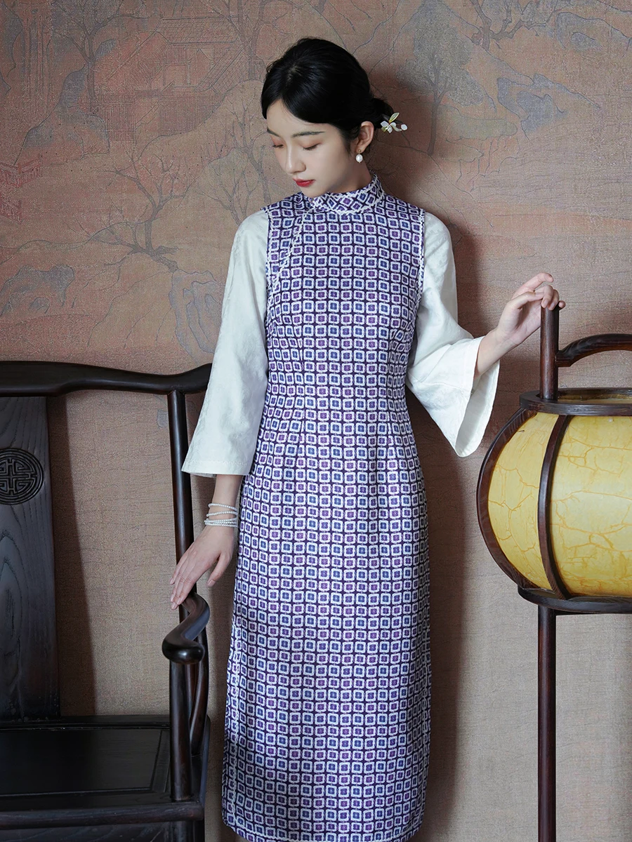 

Autumn Long Fake Two-Piece Daily Wear Side Zipper Floral Lace Sve Vintage Sle Mixed Fabric Low Slit