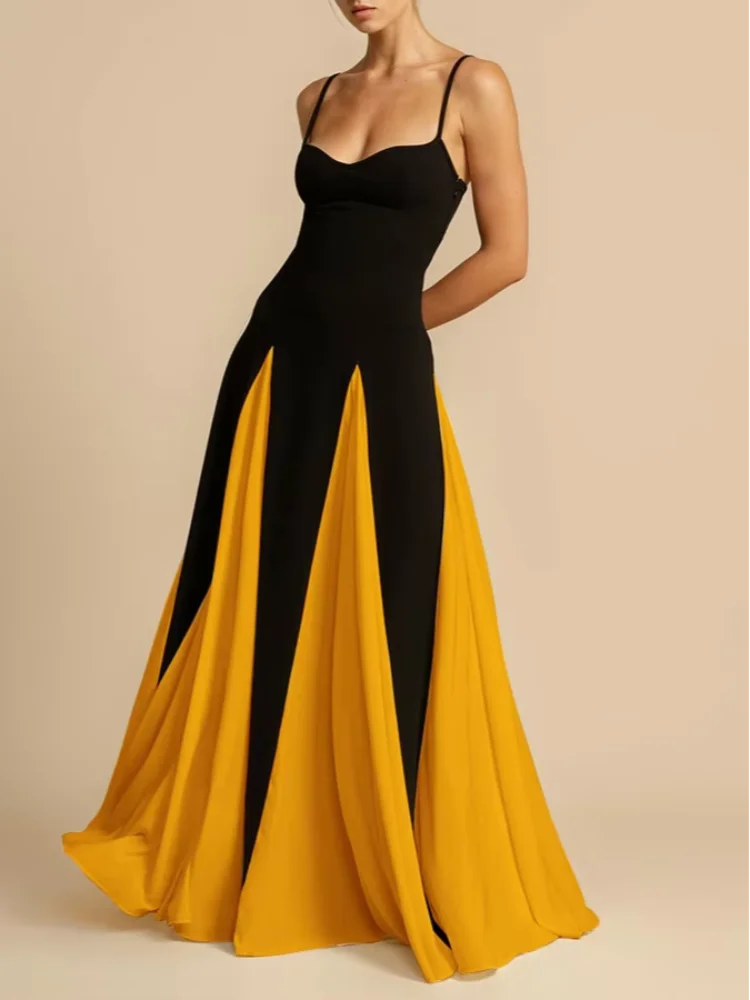 

Women Elegant Contrast Sling Maxi Dress Sexy Square Neck Off-shoulder Waist Cinching Slim Long Dresses 2026 Lady Party Vestidos
