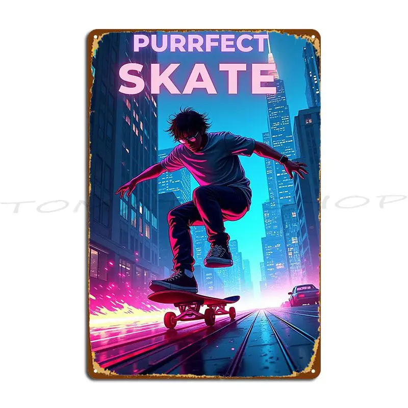 Neon Wave Surf the Future Neon Skate Purrfect Skate Metal Sign Wall Plaque Home Kitchen Wall Decor Custom  Tin Sign Poster
