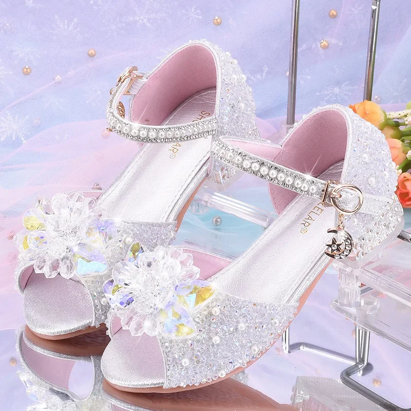 Girls' Crystal Princess Shoes Children's High Heels Summer Open-toe Children's Sandals Silver Performance Dance Shoes