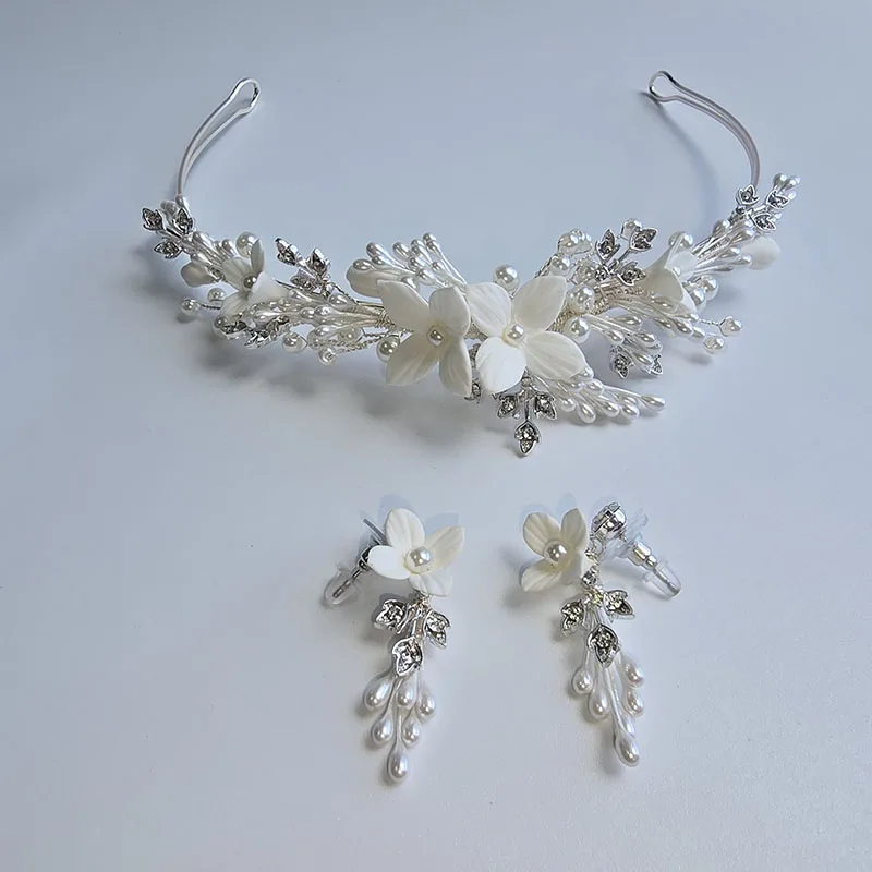 

SLBRIDAL Handmade Ins Style Rhinestone Crystal Porcelain Flower Pearls Bridal Tiara Wedding Bridesmaids Crown Women Hair Jewelry