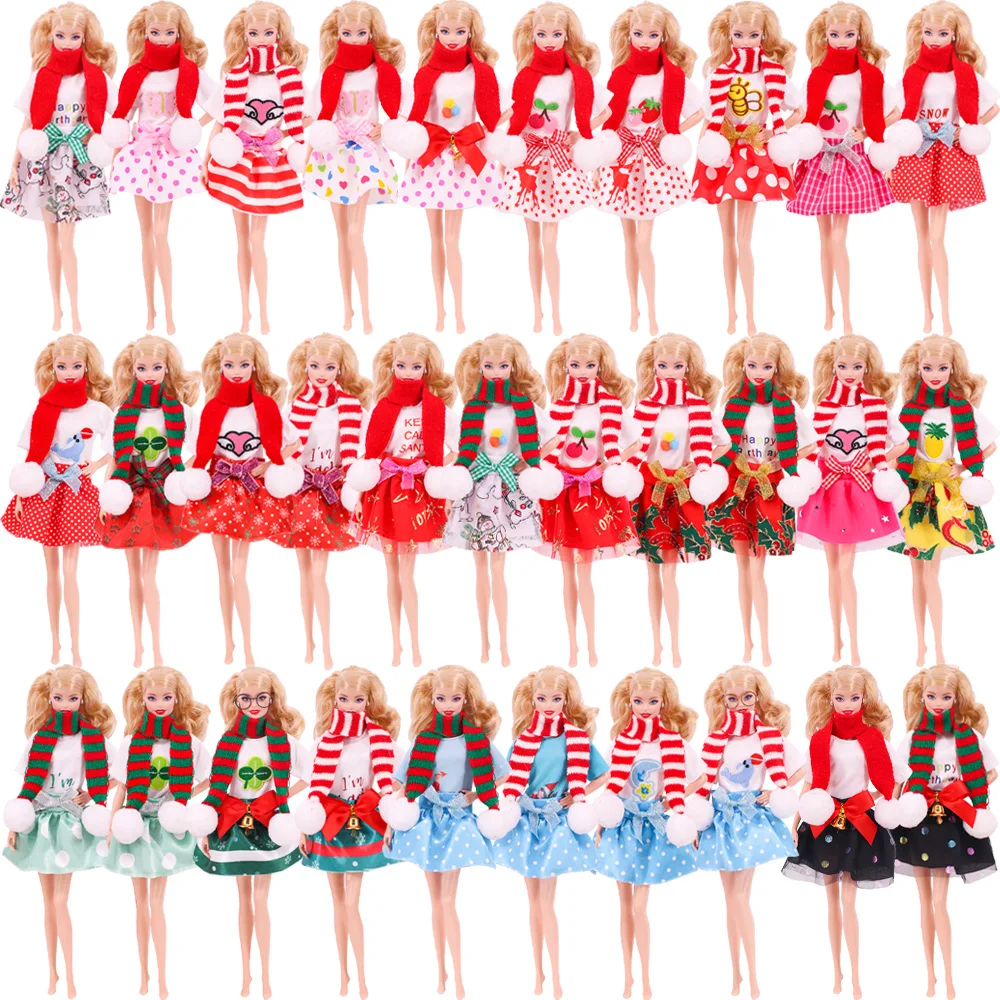 Bow Short Skirt Doll Clothes For Barbis&30CM Elf Doll Christmas Style Pattern Clothes Accessories For Children\'s Toys Gifts