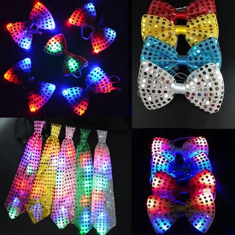 LED Light Up Ties For Men Multiple Color Lights Sequins Bowtie Flashing Necktie Glow In The Dark Tie For Holiday Rave Party Show