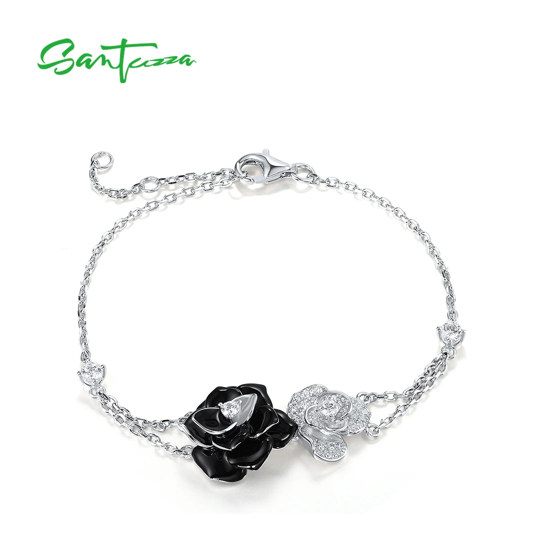 SANTUZZA Genuine 925 Sterling Silver Adjustable Bracelet For Women Vintage Black & White Flower Wedding Fine Jewelry Enamel