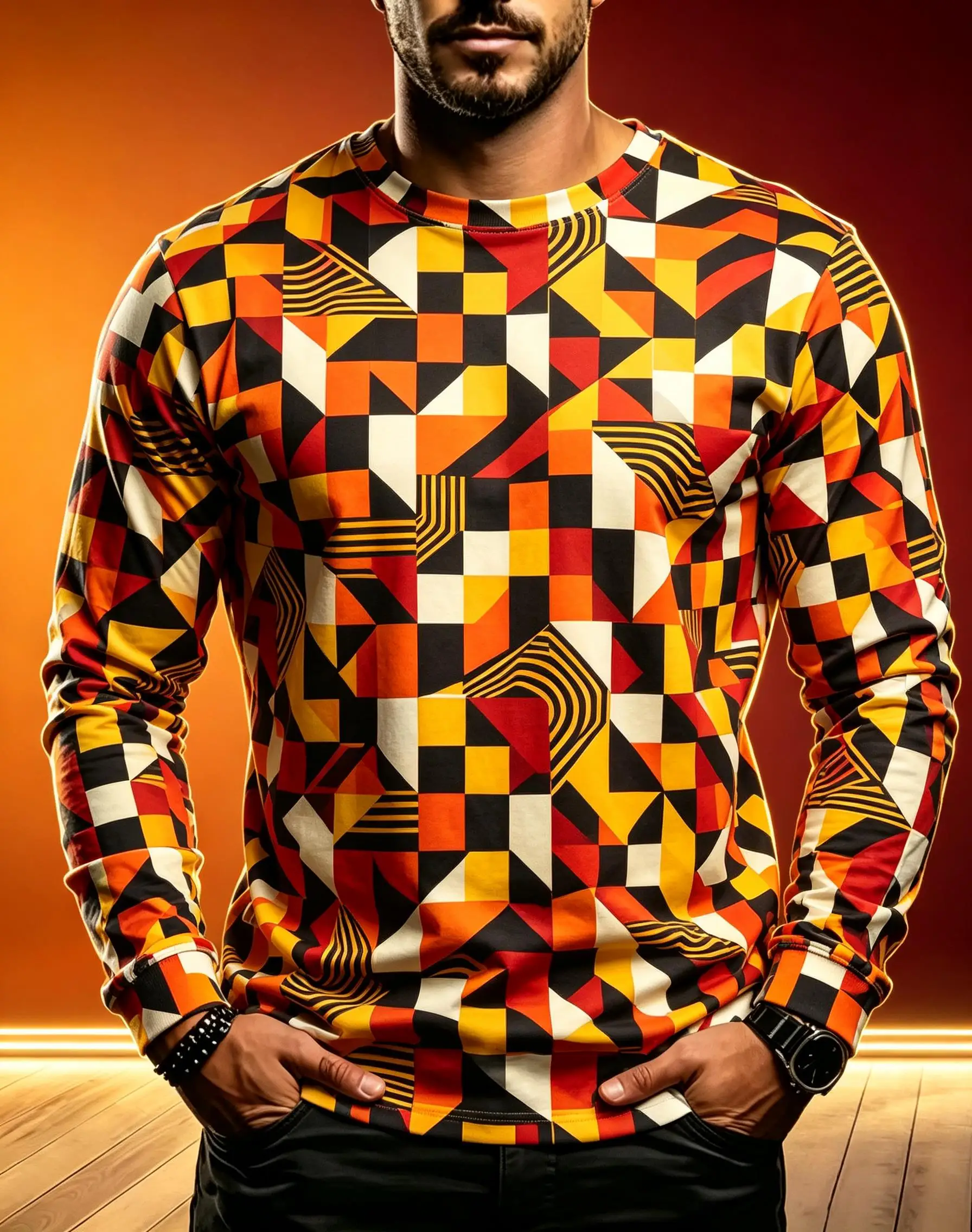 Men Crew Neck Long Sleeve T-shirt, Retro Memphis Geometric Triangle Square Color Block Allover Print Casual Top