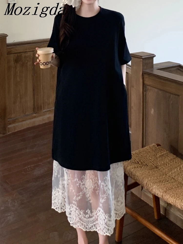 

Summer Two 2 Piece Set Oversize Black Long T Shirt Women Casual Lace Skirt Women Fashion Ladies Sets Vestidos