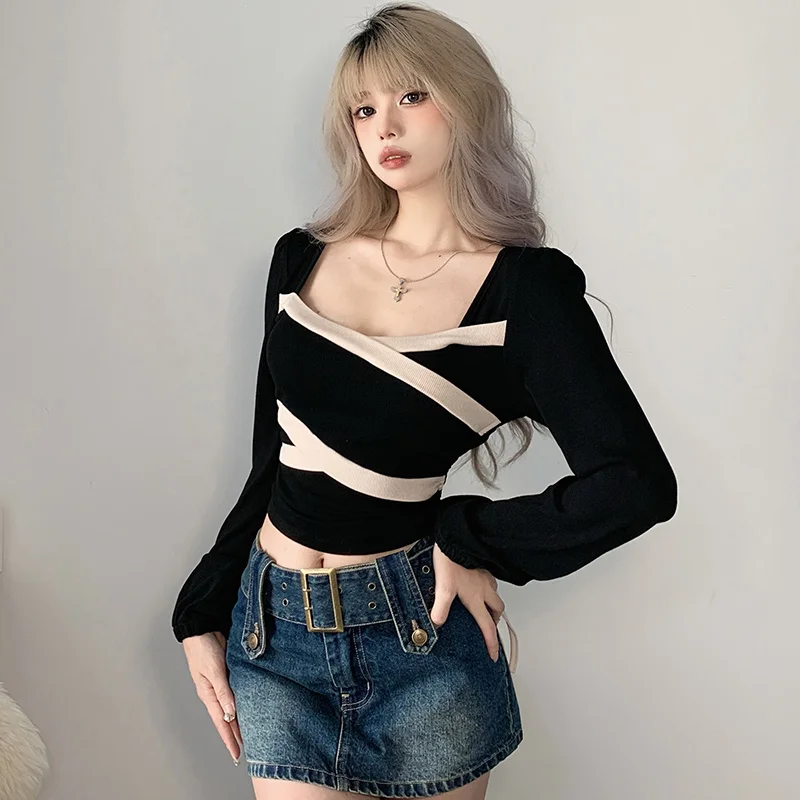 2024 New Design Fashionable and Advanced Cross Color Collar Strap T-shirt with Women Style Versatile Slim Fit Bubble Sleeve Top