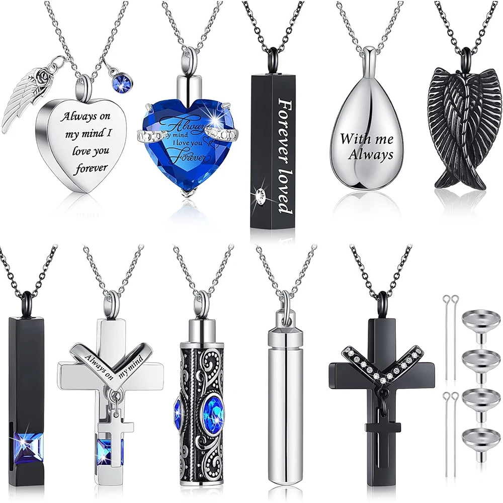 10 Pcs Urn Necklace For Ashes Cremation Jewelry Ashes Necklace Stainless Steel Zircon Memorial Locket Waterproof Keepsake