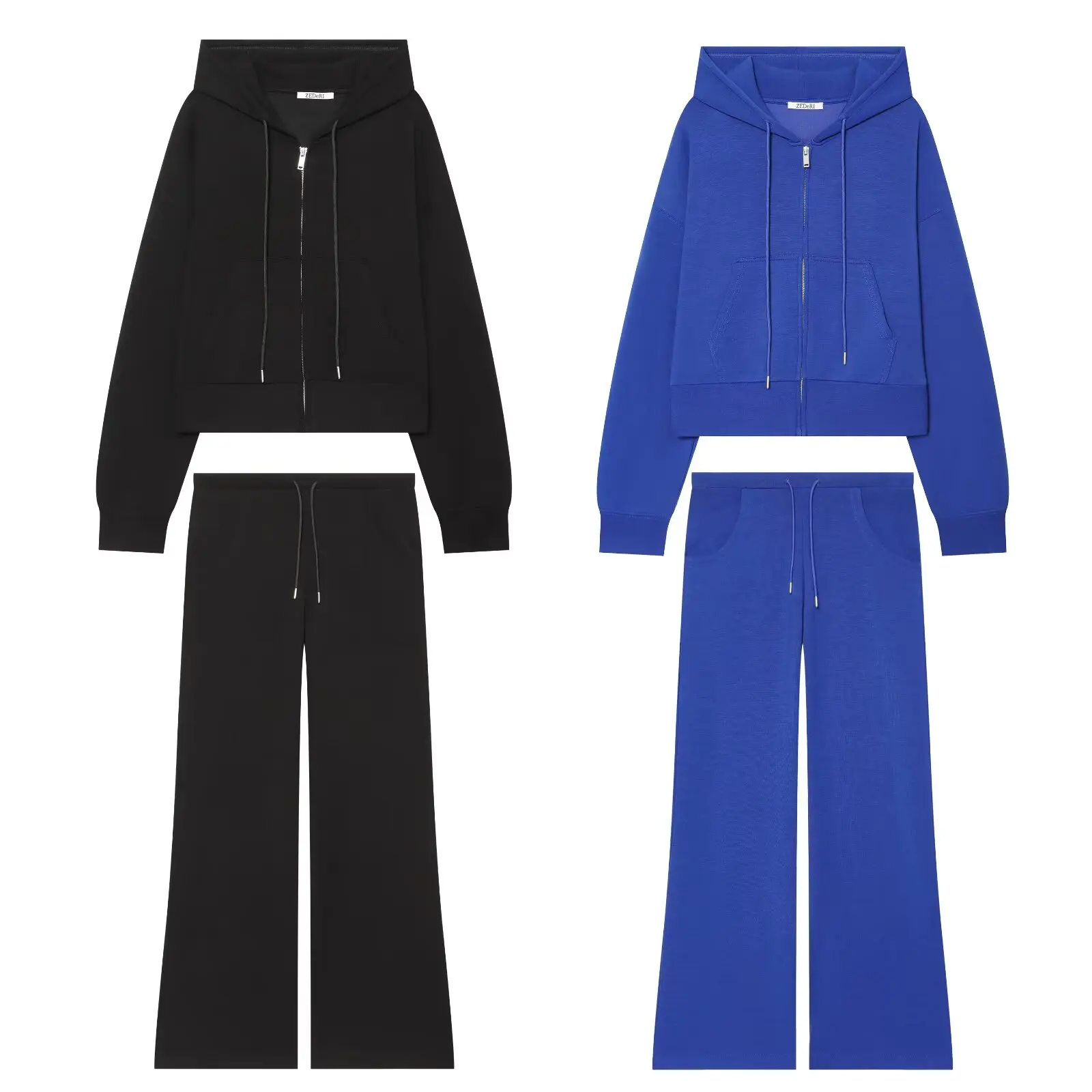 2026 Women's Zipper Hooded Pockets Sport Short Jacket Coats Lady Slim High Waist Flared Pants 2 Pcs Sets Trousers Outfit Suits