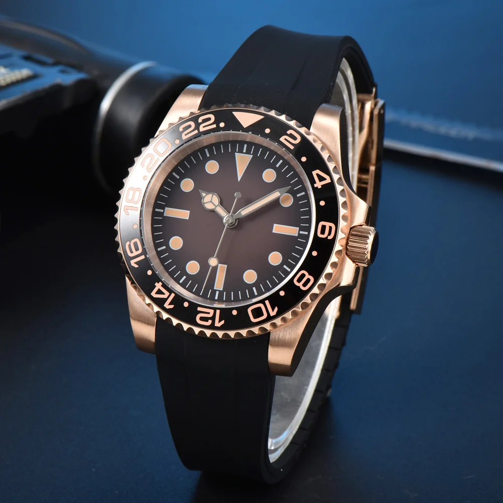 Parnsrpe 40 мм механические часы из розового золота с сапфировым стеклом NH35 часы с механизмом светящаяся дата водонепроницаемые