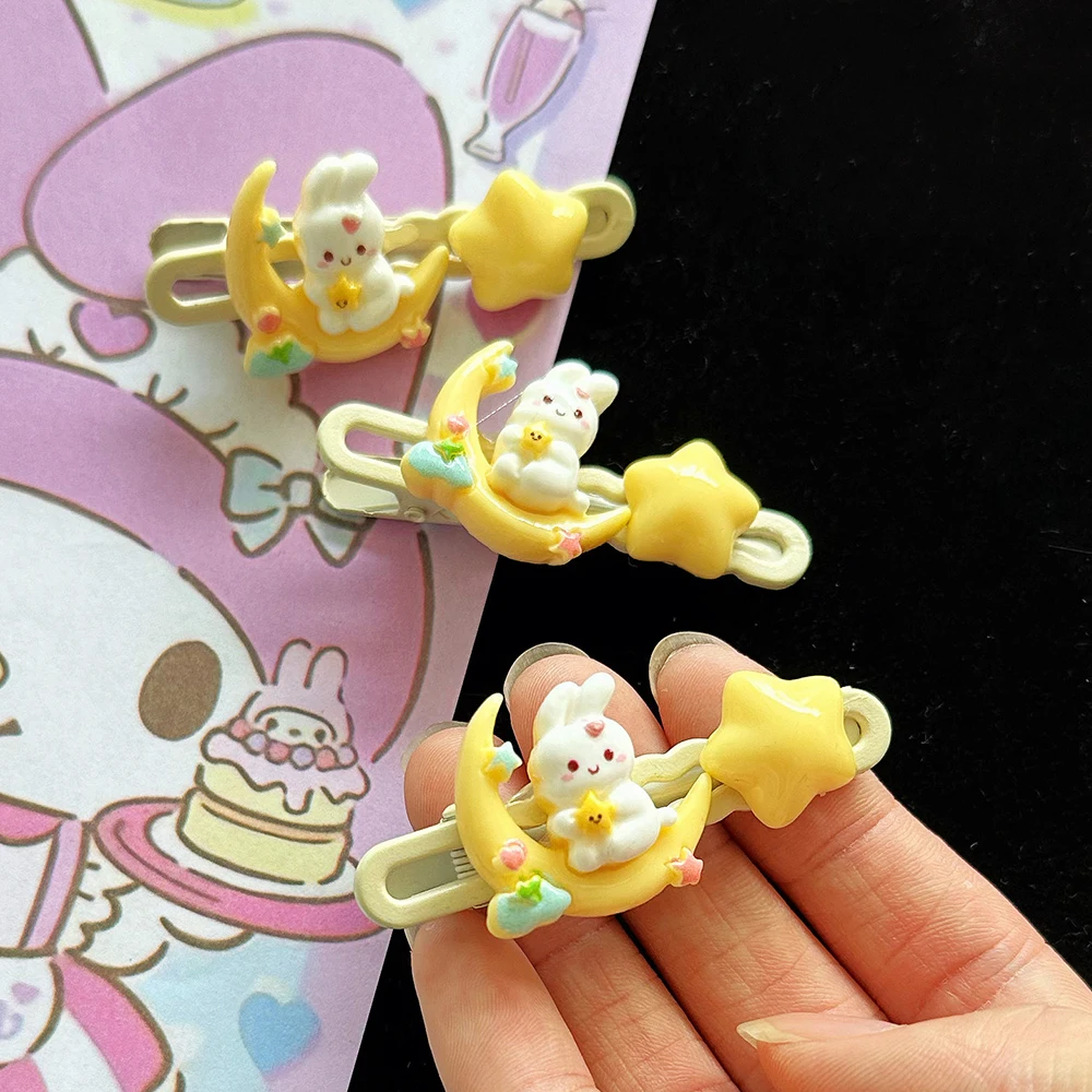 

2PCS Cartoon Yellow Moon Rabbit Hair Clips Japanese Style Cute Sweet Wind Soft Sister Wind Side Clamp Hairpin Headdress