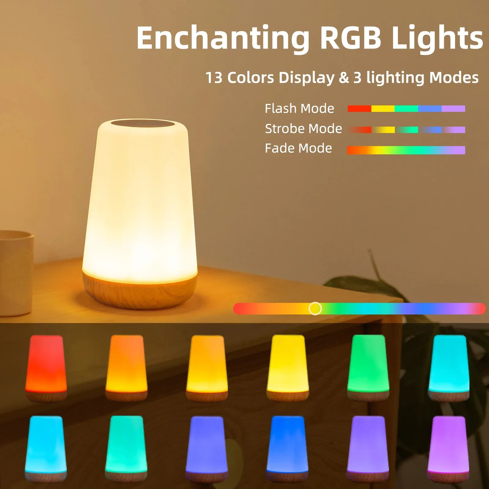 RGB Night Light Table Lamp 13-Color Changing Dimmable Bedside USB Rechargeable Portable Room Lighting with Remote for Bedroom