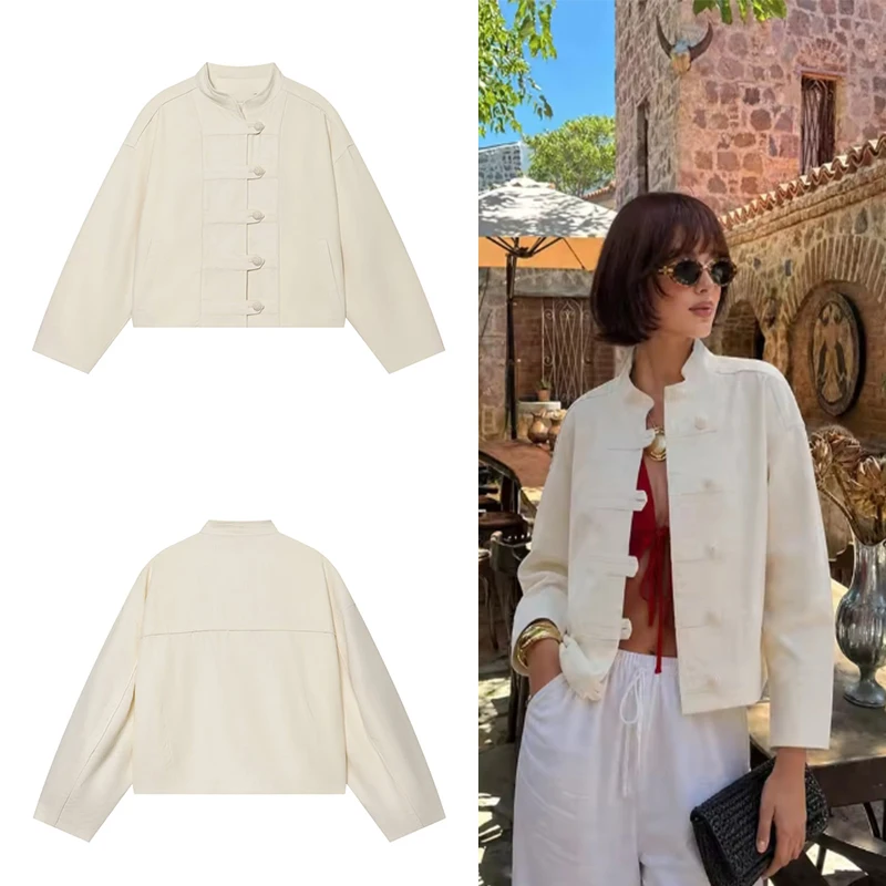 Guobioziy 2026 Retro Chinese-Style Stand Collar Jacket for Women, Loose Fit Long-Sleeve Beige Short Jacket
