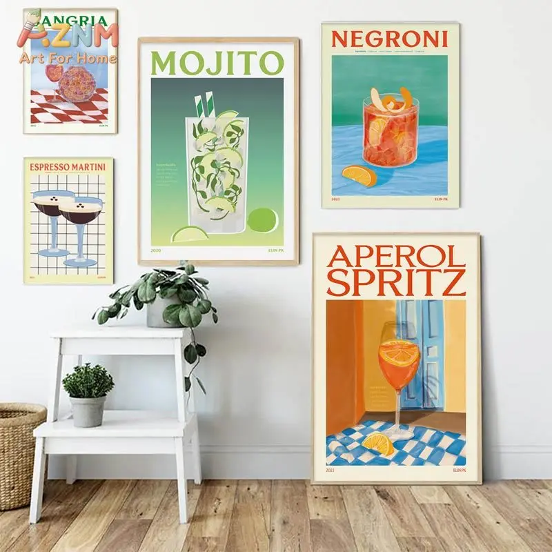 Pósteres e Impresiones de Jugos de Frutas, Mojito, Aperol Spritz, Sangría, Negroni, Pintura en Lienzo para Decoración de Clubes, Bares, Tiendas y Hogares