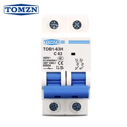 2P AC MCB TOB1-63 C tipo 230/400V ~ 50HZ/60HZ Mini disjuntor 6A 10A 16A 20A 25A 32A 40A 50A 63A