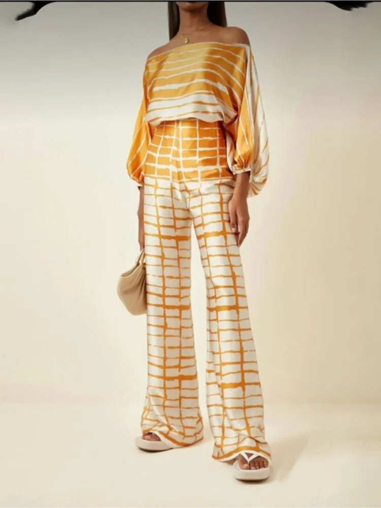 ผู้หญิงหลวมแขนค้างคาวกางเกงขากว้างชุดสองชิ้นแฟชั่นฤดูร้อนพิมพ์อารมณ์Elegantแขนยาวชุด