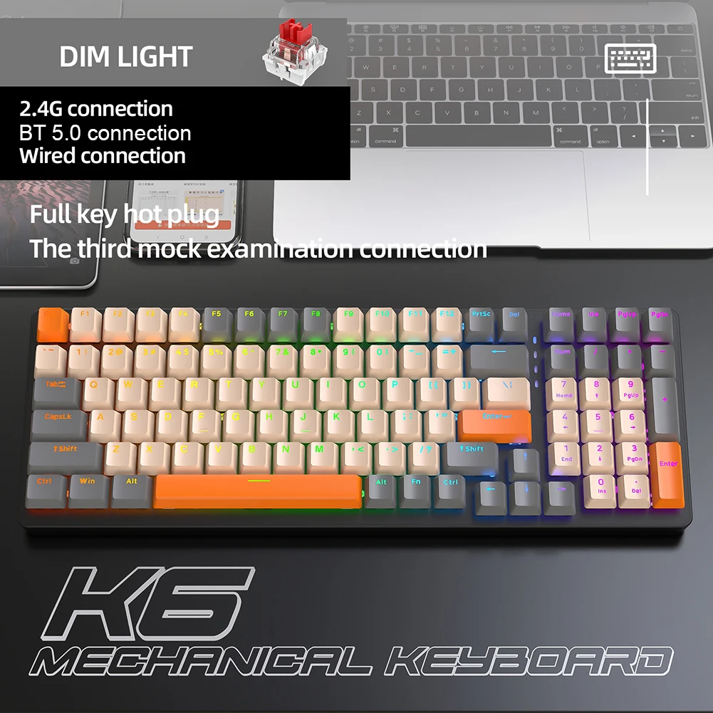 K6 Russian/English Gaming Mechanical Keyboard for Gamer Bluetooth 5.0 2.4 Ghz Wired Three Modes Hot-swap Red/Blue Switch 100keys