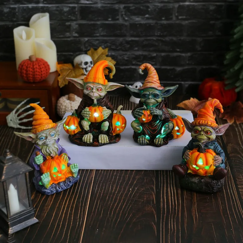 Halloween Pumpkin Lantern Elf Decoration Set House Village Statue, Living Room Porch Party, Scary Decorations, Resin Craft, 2024