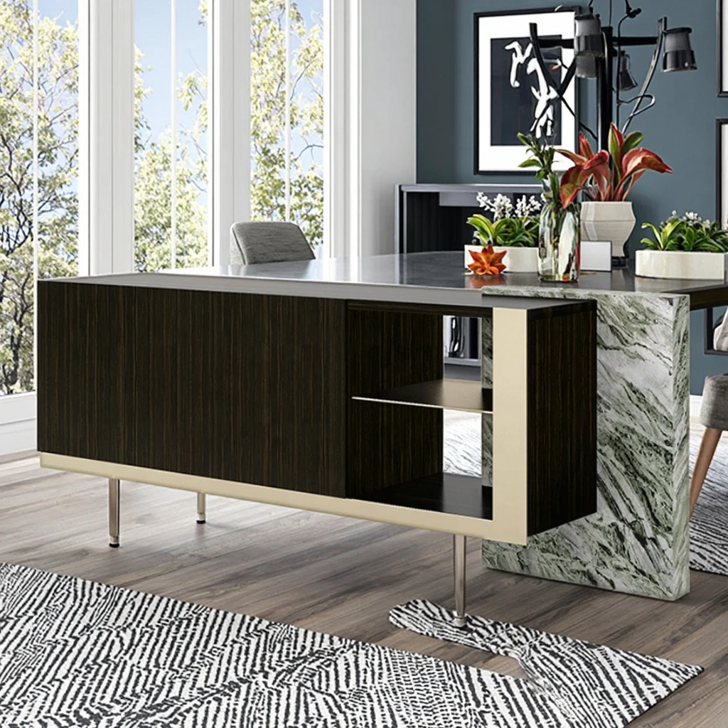 Modern Luxury Dining Room Sideboard Buffet Cabinet With Natural Marble And Wood Storage Display