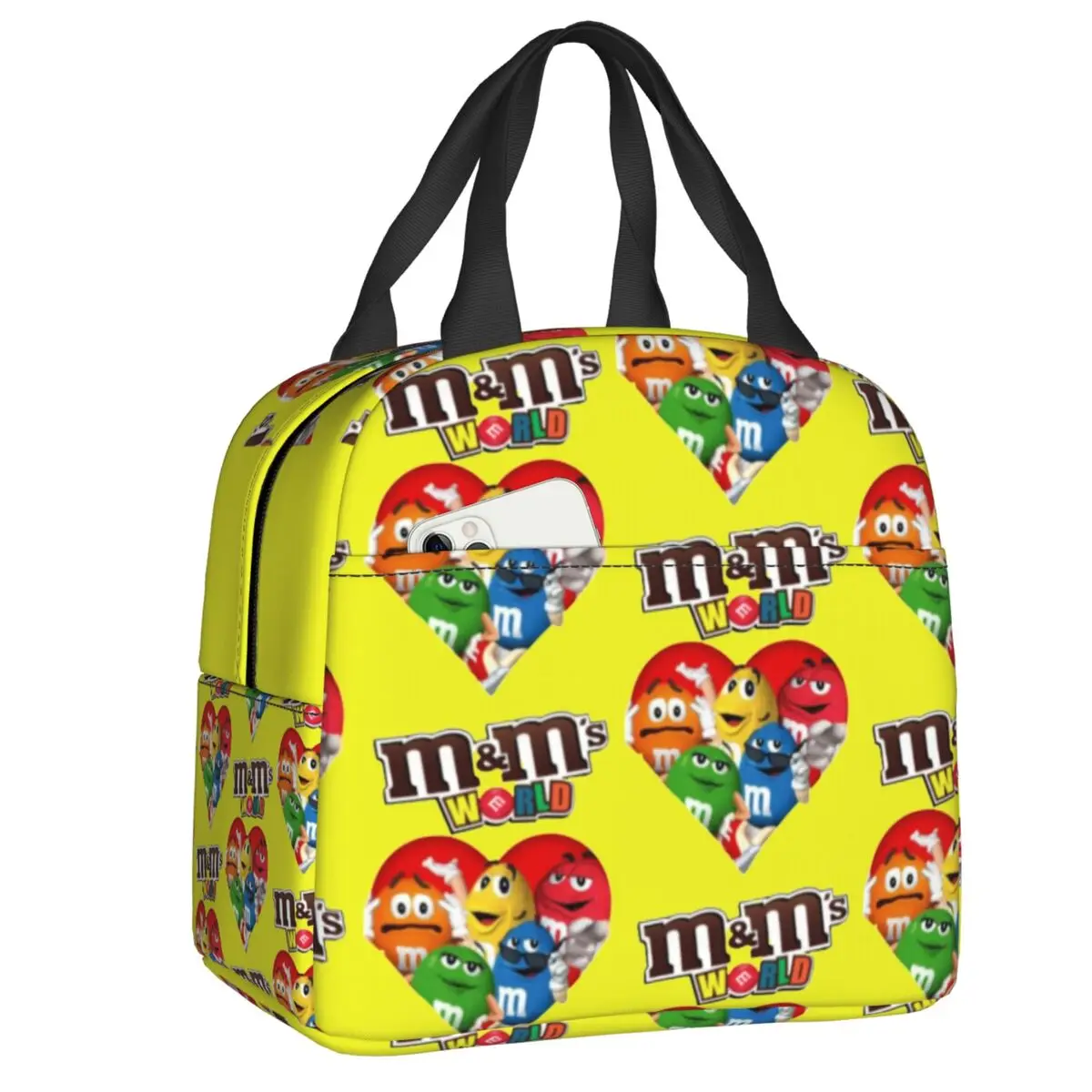 

Custom Classic Yellow M-MS Emoticons Insulated Lunch Bags for Candy Chocolate Lovers Portable Thermal Cooler Food Lunch Box