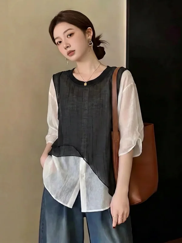 

Black Mesh Shirt Women's Summer New Style Large Size Fat MM Shoulder Length Short Sleeve Midi Shirt Commute Style Korean Version