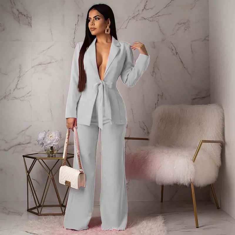Mulheres terno de negócios conjunto escritório wear duas peças blazer moda casual profissional mulher terno com cintura amarrado jaqueta e calças