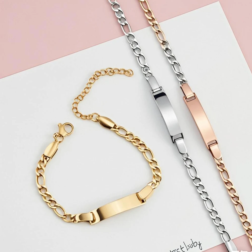 

10pcs/lot Engrave Name ID Bracelet Girl Boy Baby Gift Stainless Steel Curb Chain Link Crown Bracelet Not Allergic Baby Jewelry